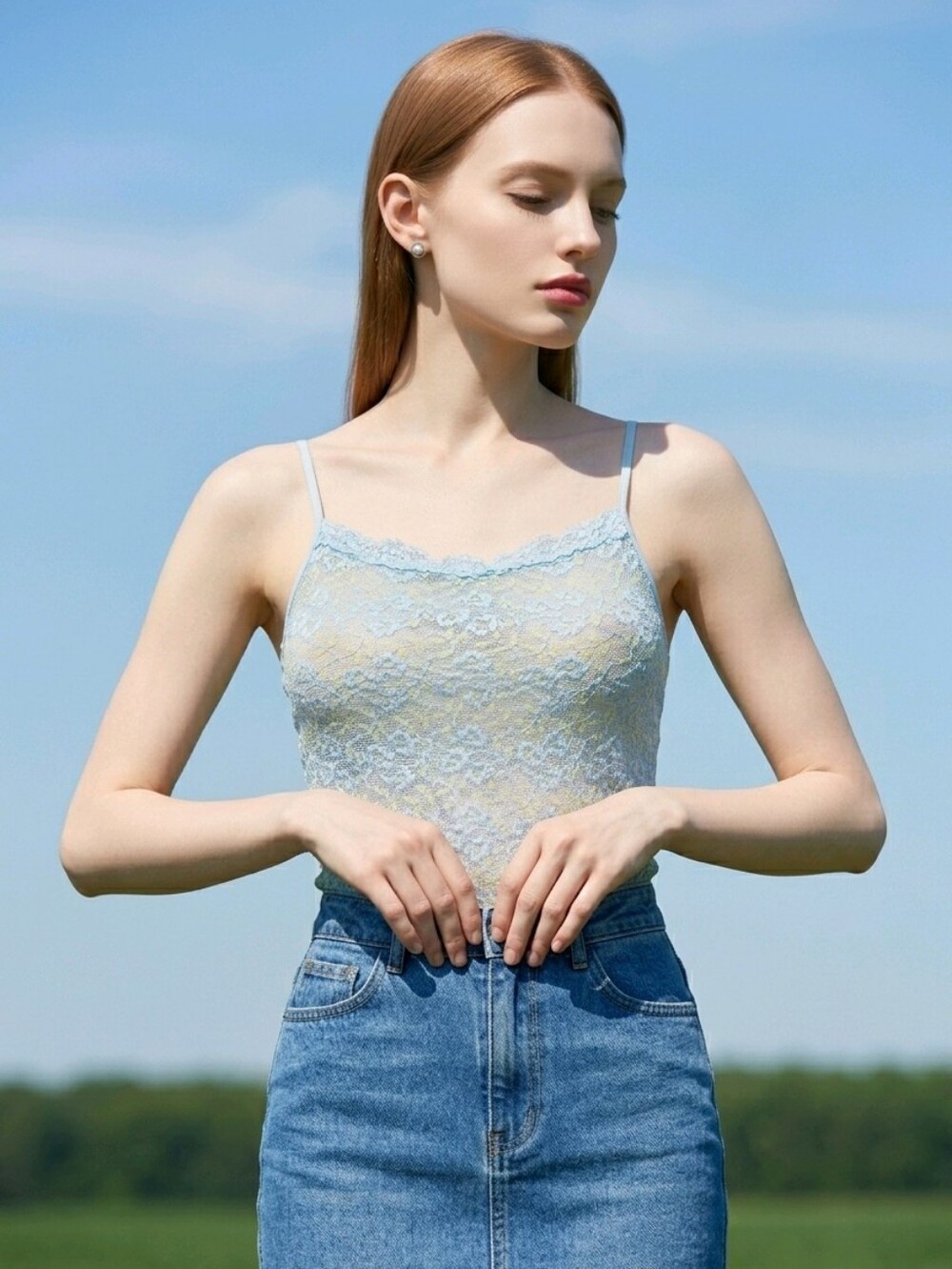 Natori Cool Blue Lace Cami Floral Sheer Stretch Size Medium Balletcore Soft Girl
